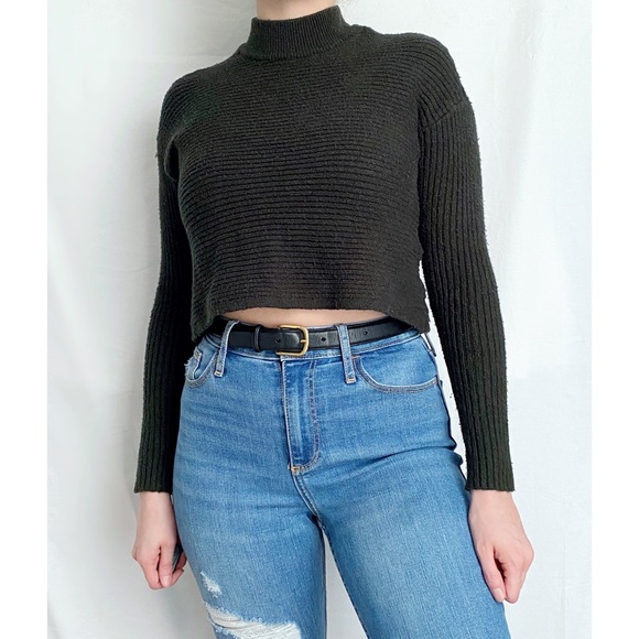 AEO Forest Green Ribbed Mock Neck Crop Sweater - Picture 2 of 5